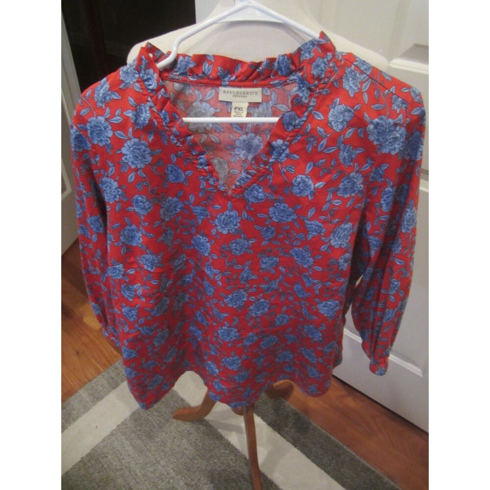 APPLE SEED'S  FLORAL RUFFLE NECK POPOVER BLOUSE COTTON SATEEN 3/4 SLEEVES XLP